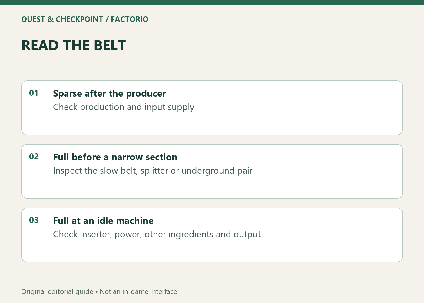 READ THE BELT; Sparse after the producer; Check production and input supply; Full before a narrow section; Inspect the slow belt, splitter or underground pair; Full at an idle machine; Check inserter, power, other ingredients and output