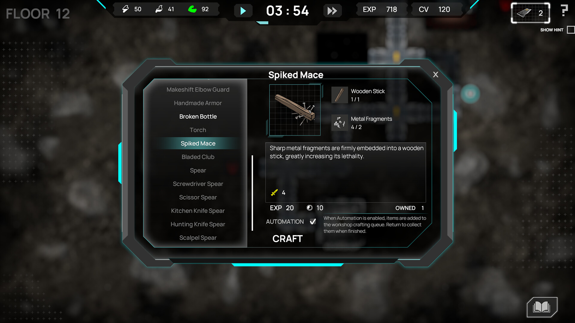 Crafting screen for Spiked Mace in Crystant game, displaying materials needed and automation options.