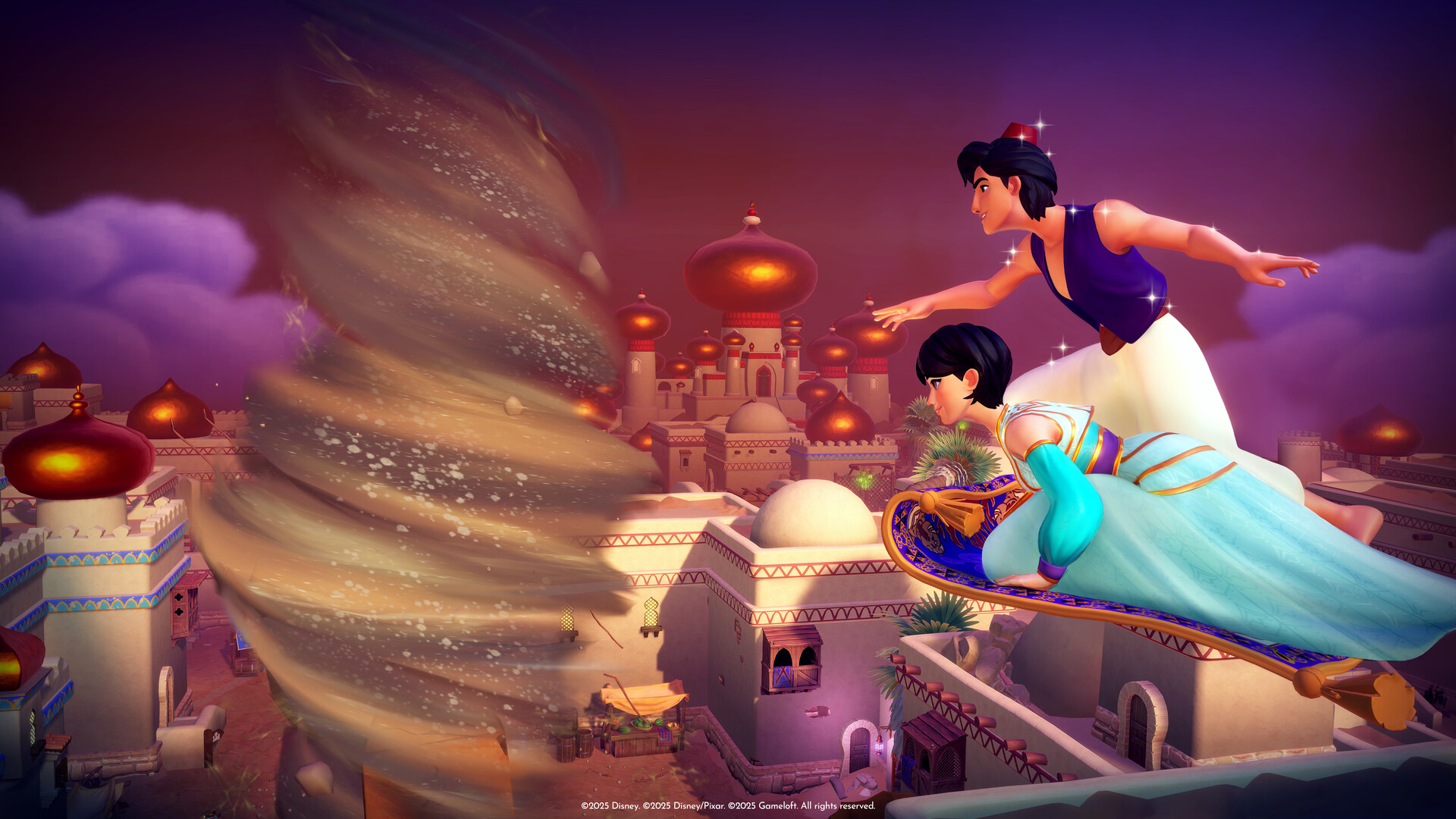 Aladdin and Jasmine soar on a magic carpet above Agrabah as a massive tornado swirls nearby, showcasing vibrant fantasy architecture beneath a twilight sky.