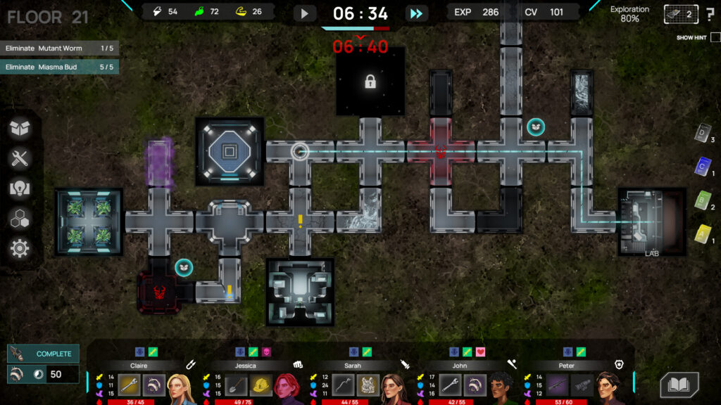 Game screenshot showing a top-down dungeon map with player characters, objectives, and UI elements for resource management and combat.