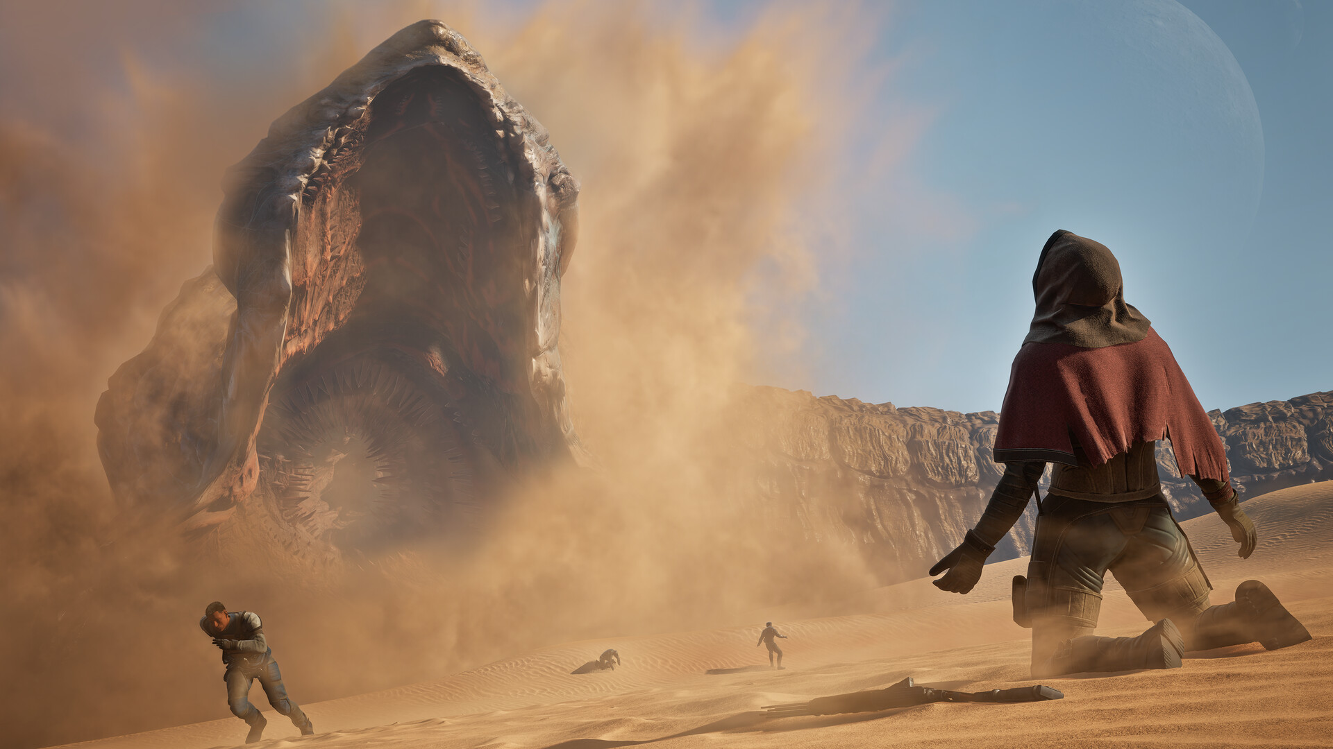 Dune: Awakening — Dune: Awakening game screenshot showing a colossal creature’s mouth opening amidst desert sands as characters react.