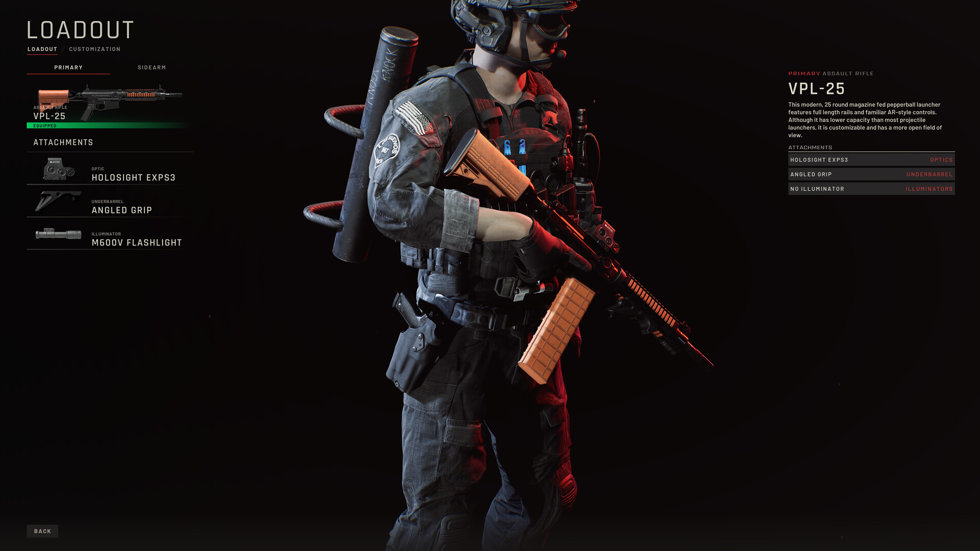 Ready or Not — Character equipped with VPL-25 rifle and attachments in game's loadout customization screen.