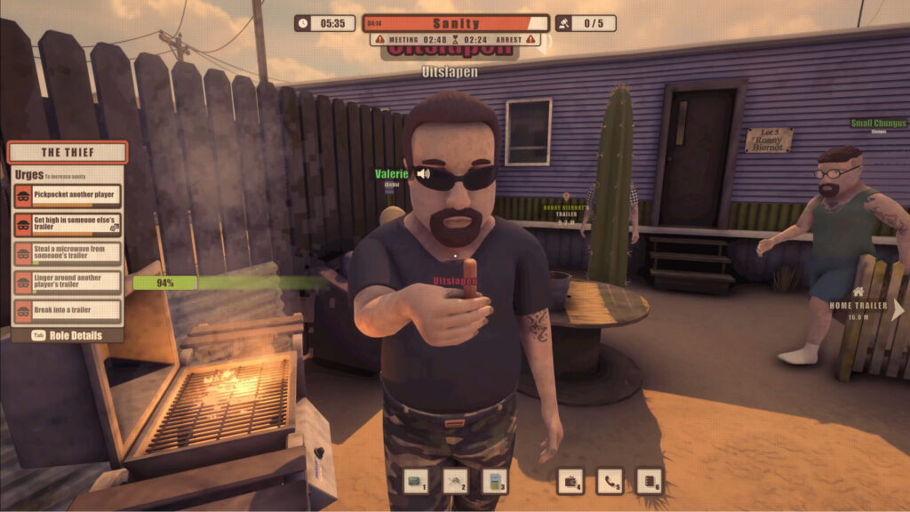 Dawson Oaks Trailer Park — A character in a trailer park holding a cigar, with a grill and another player visible nearby.