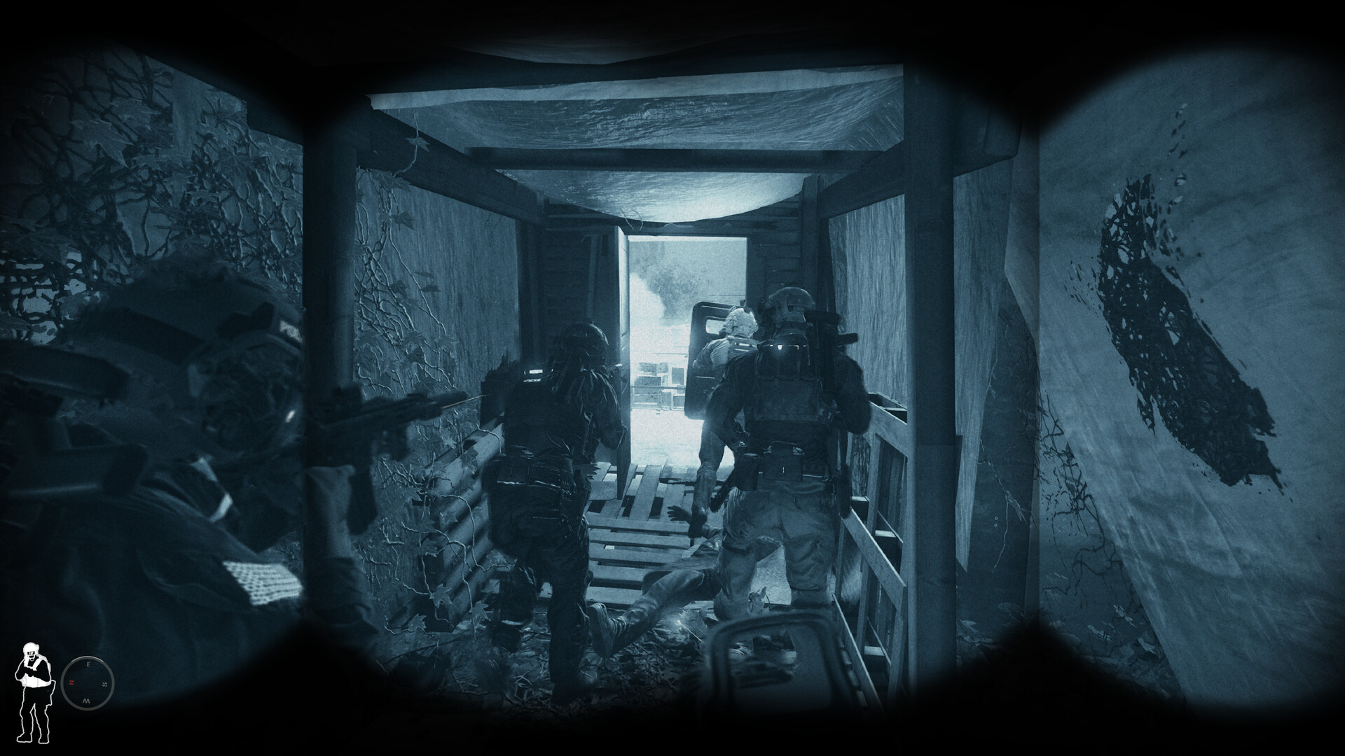 Ready or Not — Three soldiers advance cautiously through a dimly lit, debris-filled corridor toward an open doorway, viewed through a first-person scope.