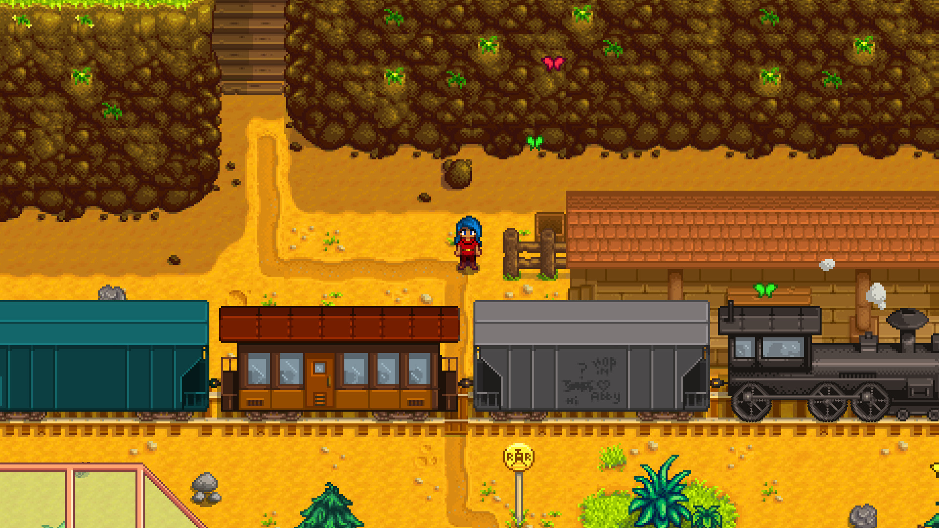 The beach and fishing-shop area in Stardew Valley.