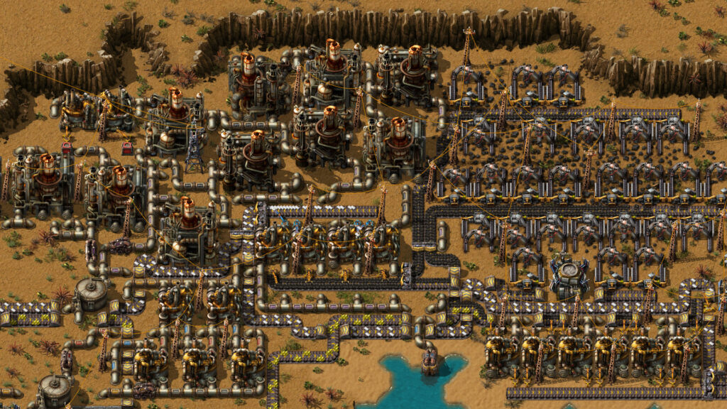 Pipes and processing equipment in Factorio.