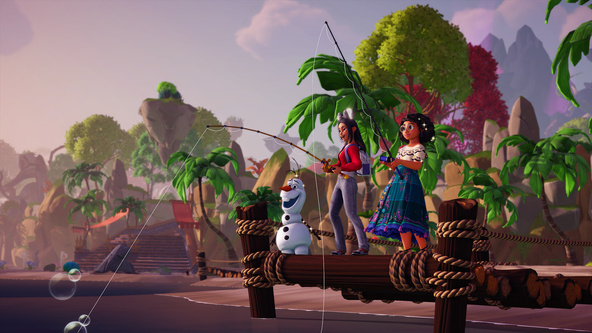 Characters fishing together on a wooden bridge in a tropical setting with palm trees and distant cliffs.