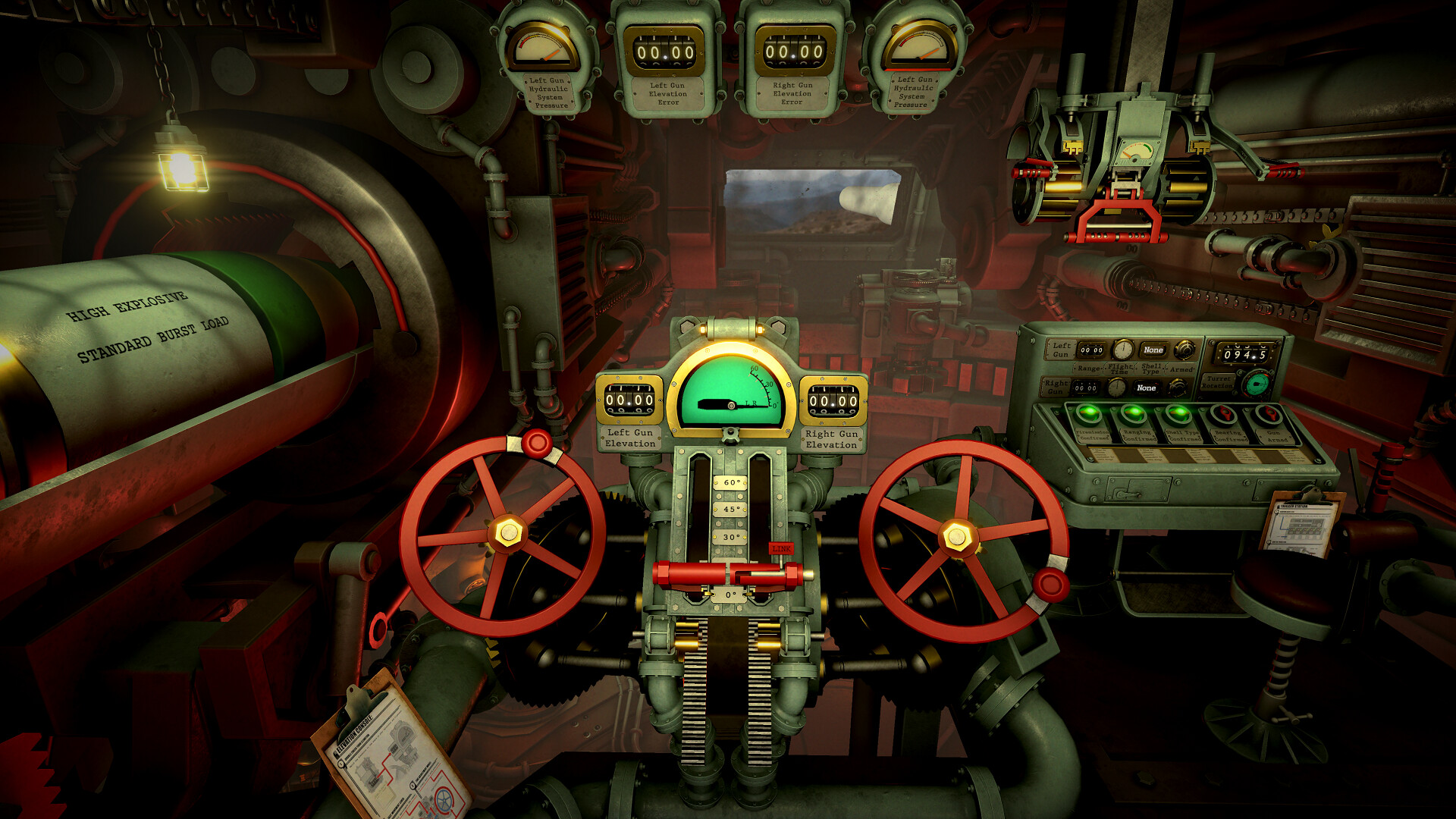 IRON NEST: Heavy Turret Simulator — Heavy turret control interface with dual red steering wheels, multiple dials, and mechanical levers in an industrial setting.