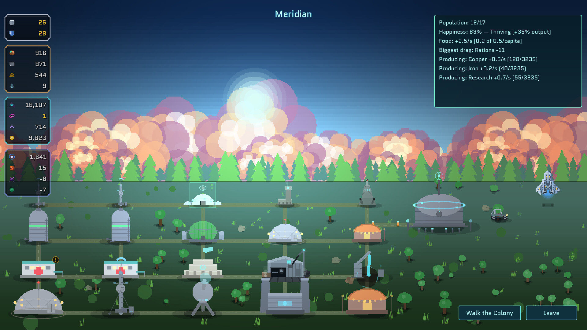 Pixel-art colony management game interface showing resources, population, and production stats for Meridian, with a spaceship visible in the background.