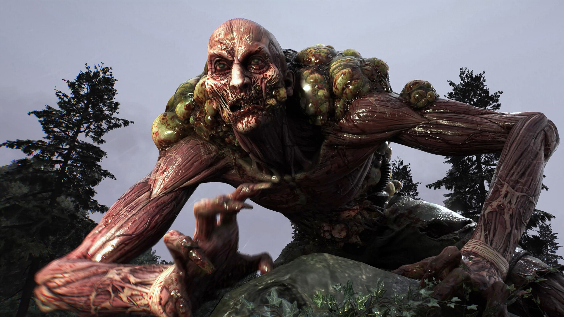 Dying Light: The Beast — Dying Light: The Beast - A monstrous, muscular creature with green growths crawls over rocks in a forest setting.