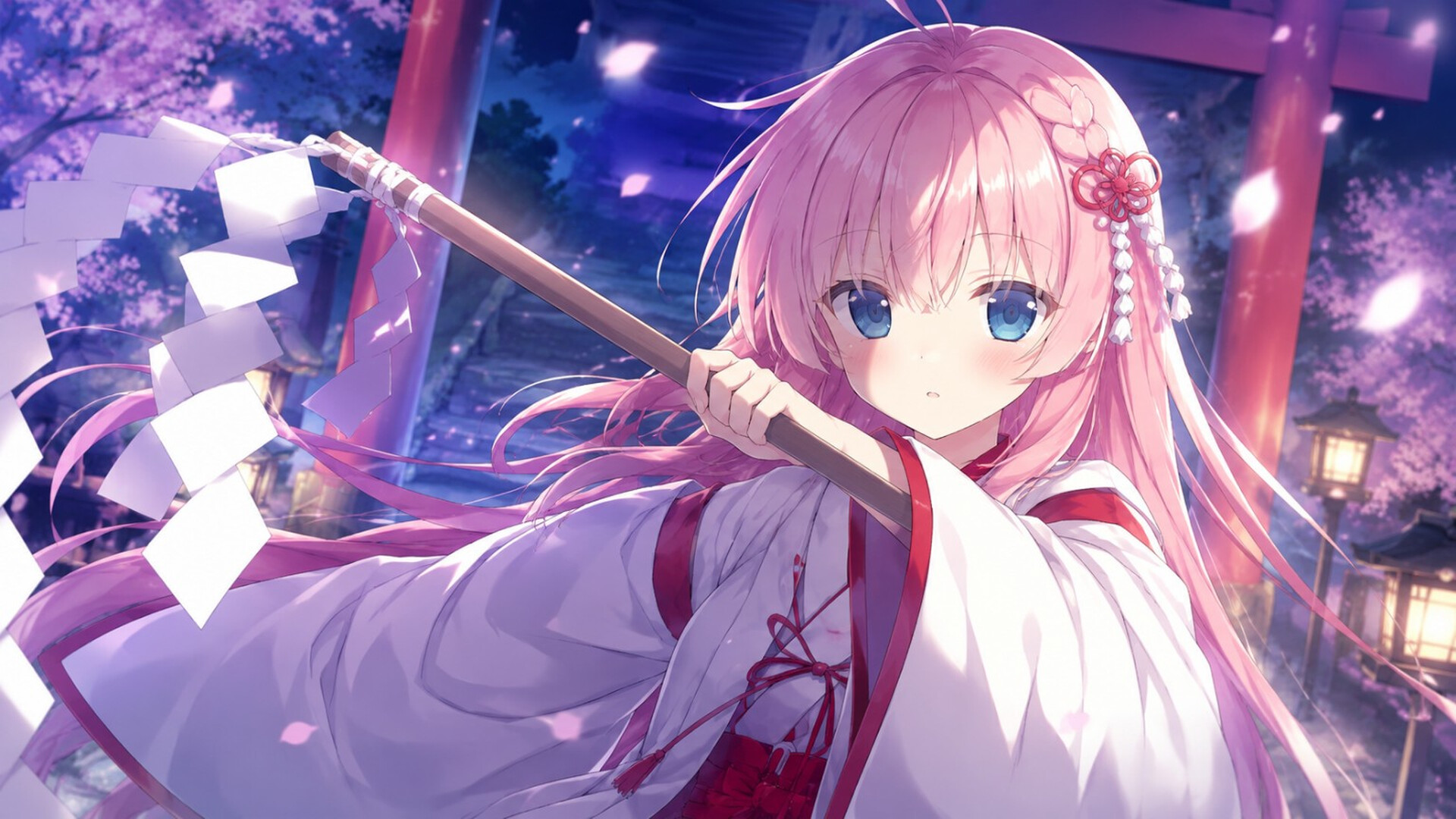 Sakura: The Eternal Night — A young girl in a traditional Japanese outfit stands before a shrine at night, holding a staff decorated with white paper streamers amidst cherry blossoms and glowing lanterns.