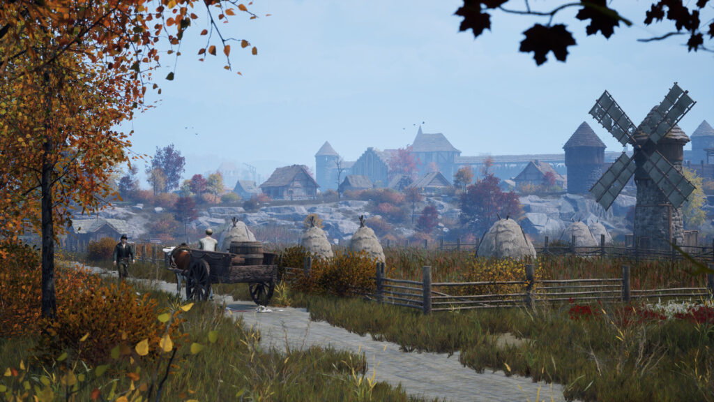 The Guild 1 Remake: Europa 1410 — Medieval village with windmill, hay stacks, and villagers on a path in autumn.