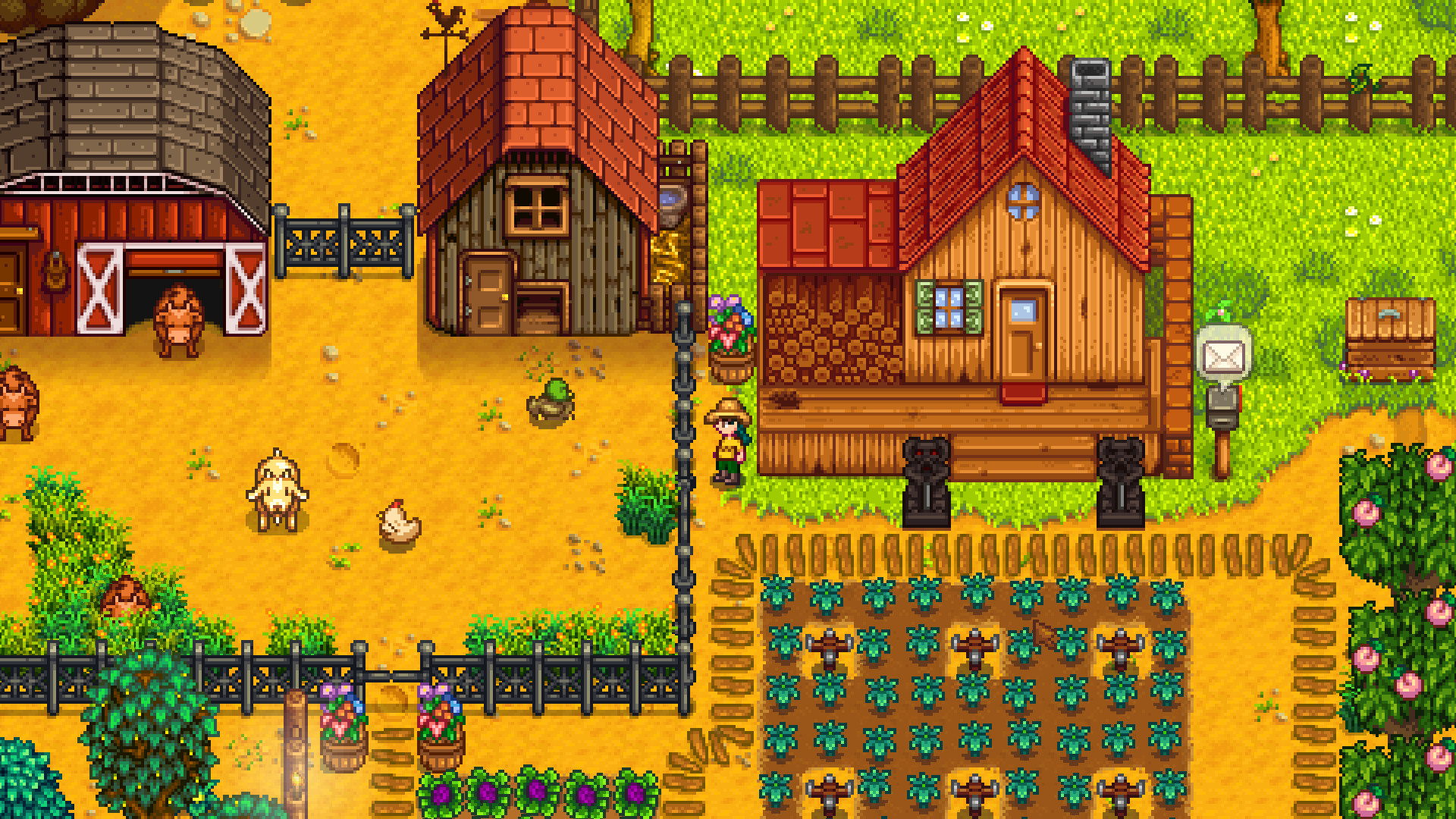 Farm buildings and crop beds, where walking access matters as well as planting area.