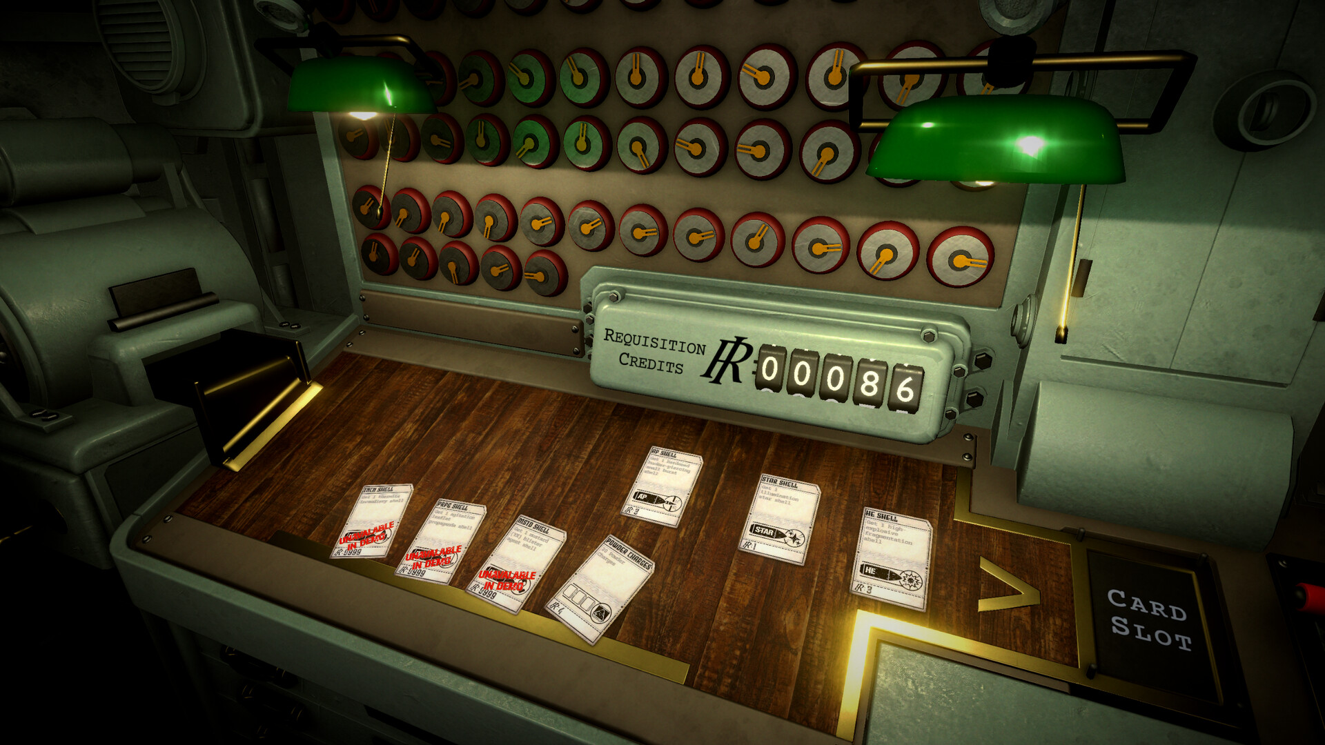 IRON NEST: Heavy Turret Simulator — Control panel with dials, credit counter, and game cards on a wooden surface under green lighting.