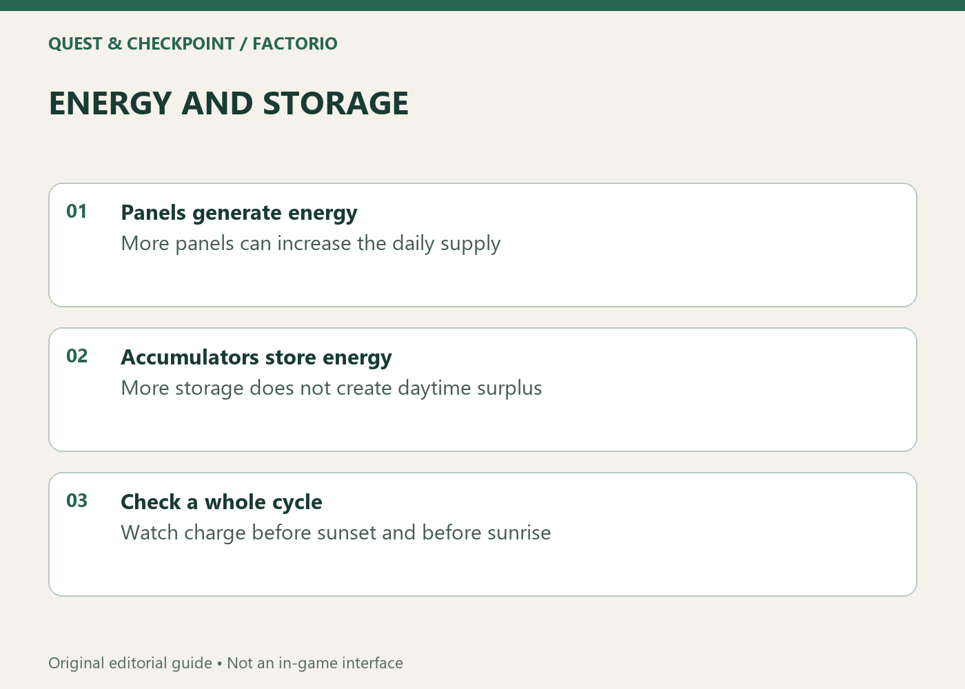 ENERGY AND STORAGE; Panels generate energy; More panels can increase the daily supply; Accumulators store energy; More storage does not create daytime surplus; Check a whole cycle; Watch charge before sunset and before sunrise