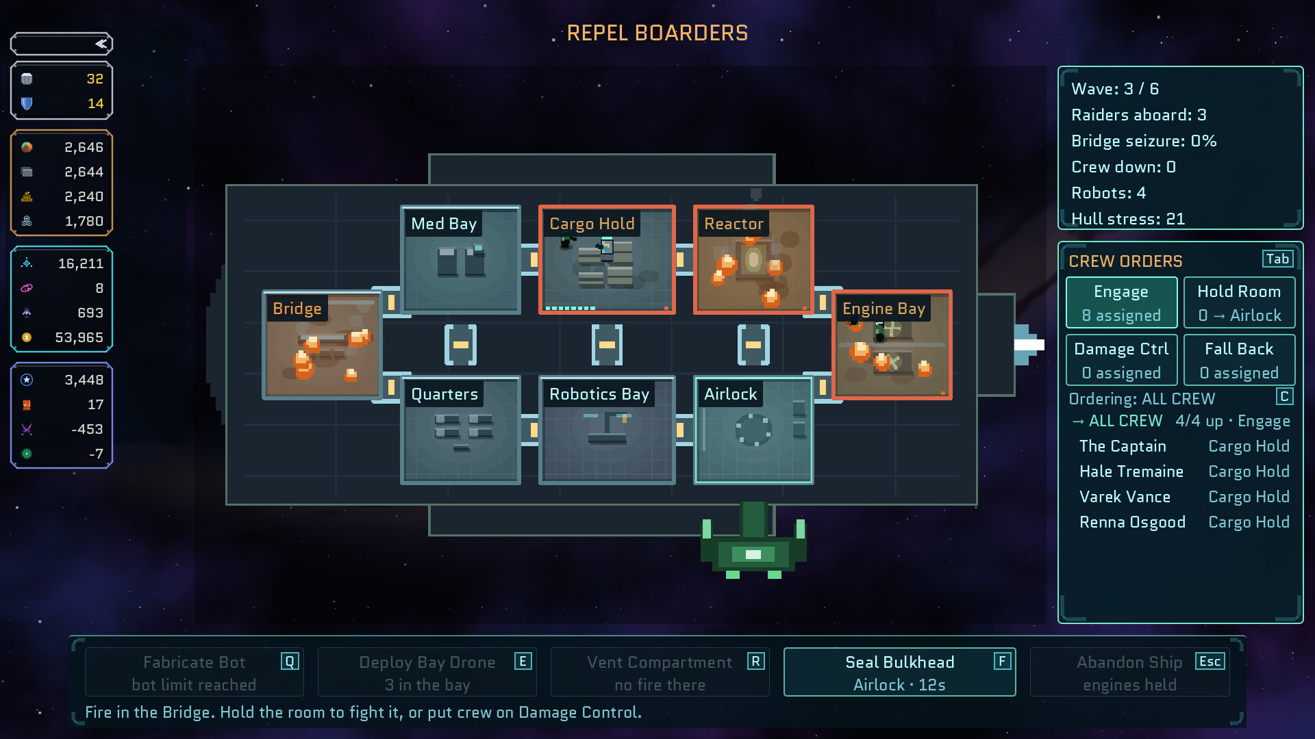 Ship interior map with crew assignment interface during combat scenario.