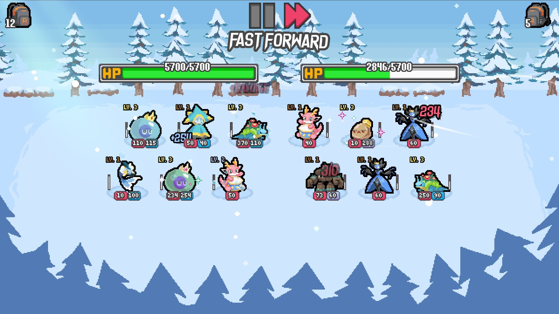 Battle scene from Batomon Showdown featuring two teams of monsters in a snowy forest arena during a 'FAST FORWARD' event.
