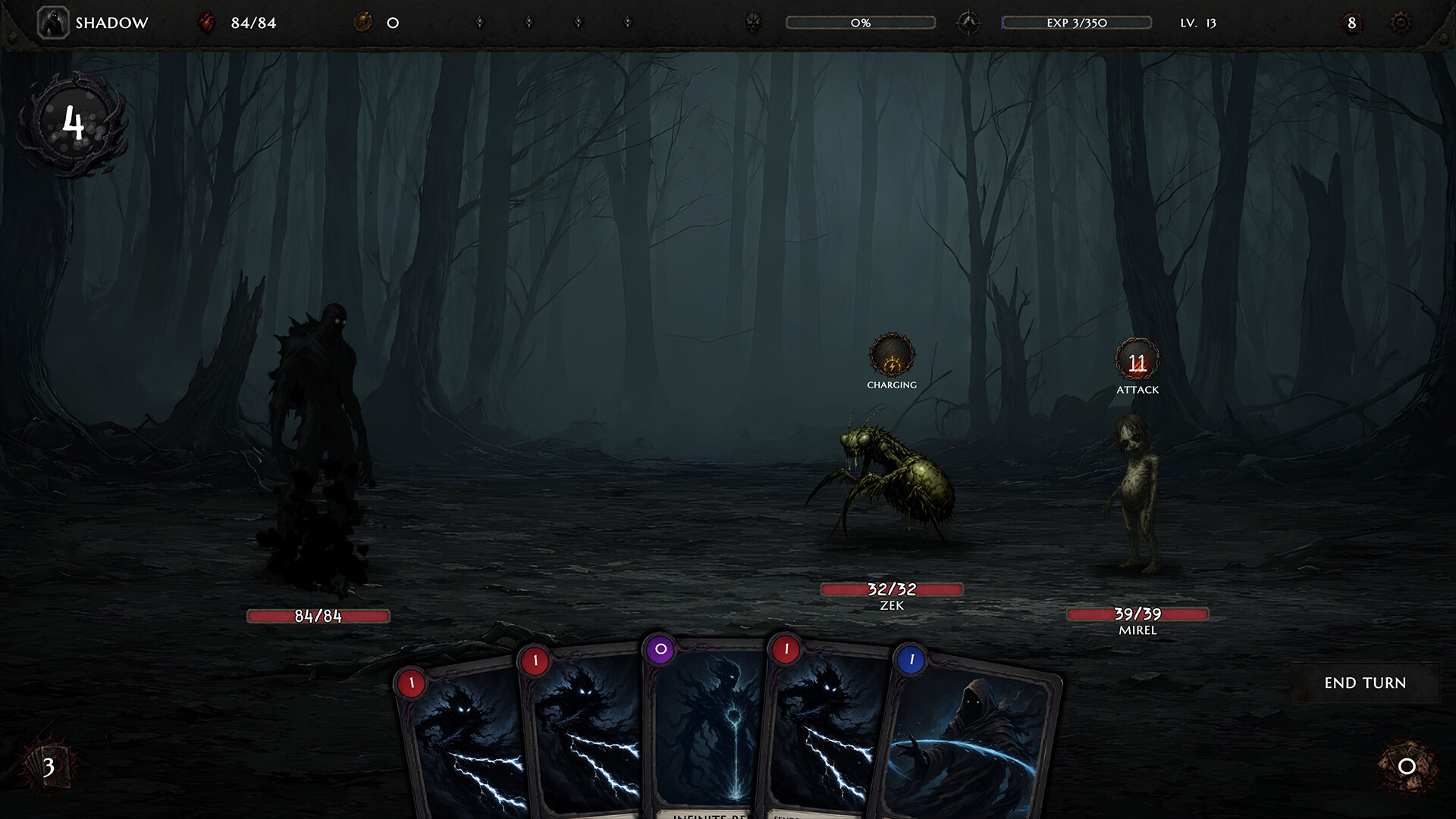 Noctiria — Noctiria game screenshot showing three enemies in a dark forest: a shadowy figure, a large insect-like creature named ZEK, and a humanoid enemy named MIREL. The player's hand contains four cards with lightning-themed artwork.