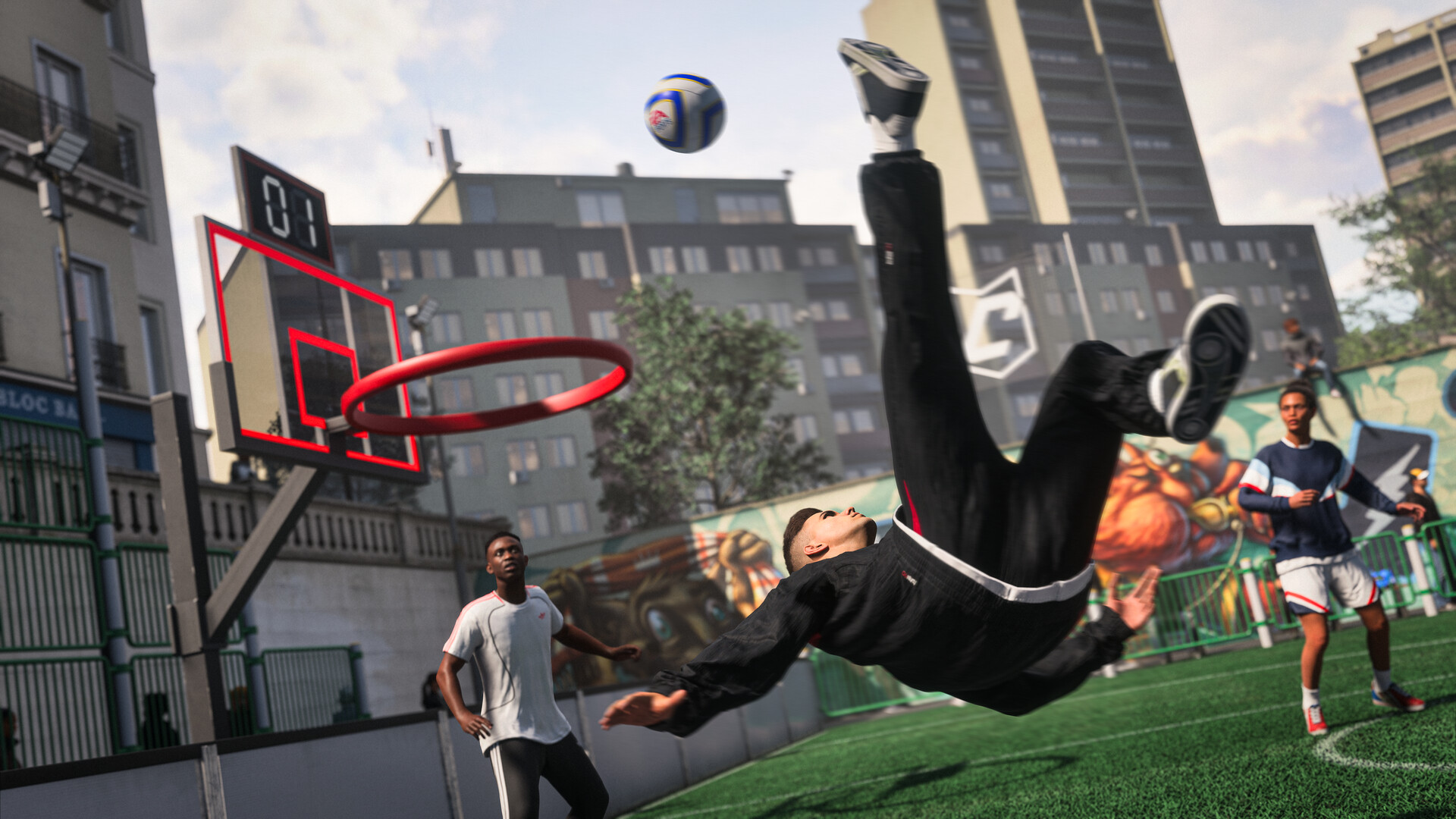 Soccer player executing an aerial kick during a street match, with teammates and a basketball hoop in the background.