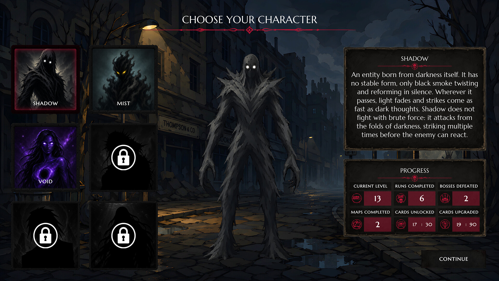 Noctiria — Noctiria character selection screen featuring Shadow as the highlighted character, with progress stats and other available characters like Mist and Void visible.
