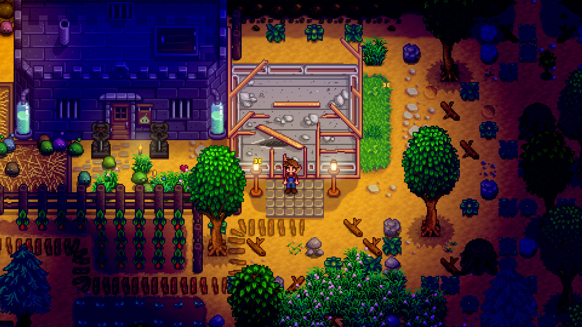 The Community Center exterior at night.