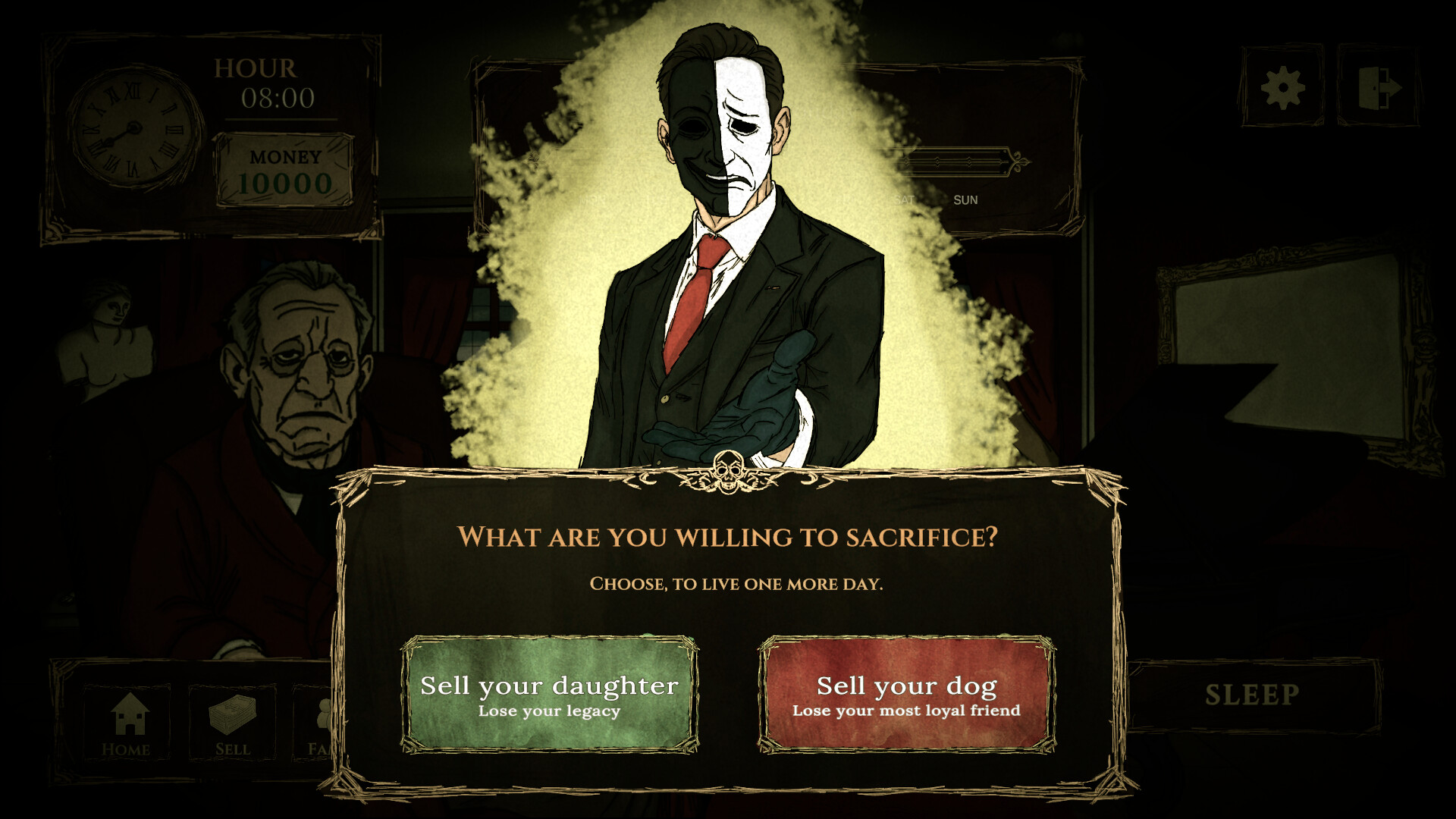 Debt of Life — Game screenshot from Debt of Life showing a character with half-masked face, surrounded by yellow smoke. A dialogue box asks 'WHAT ARE YOU WILLING TO SACRIFICE?' with two options: sell daughter or dog. UI elements include clock (08:00), money (10000), and home/sell buttons.