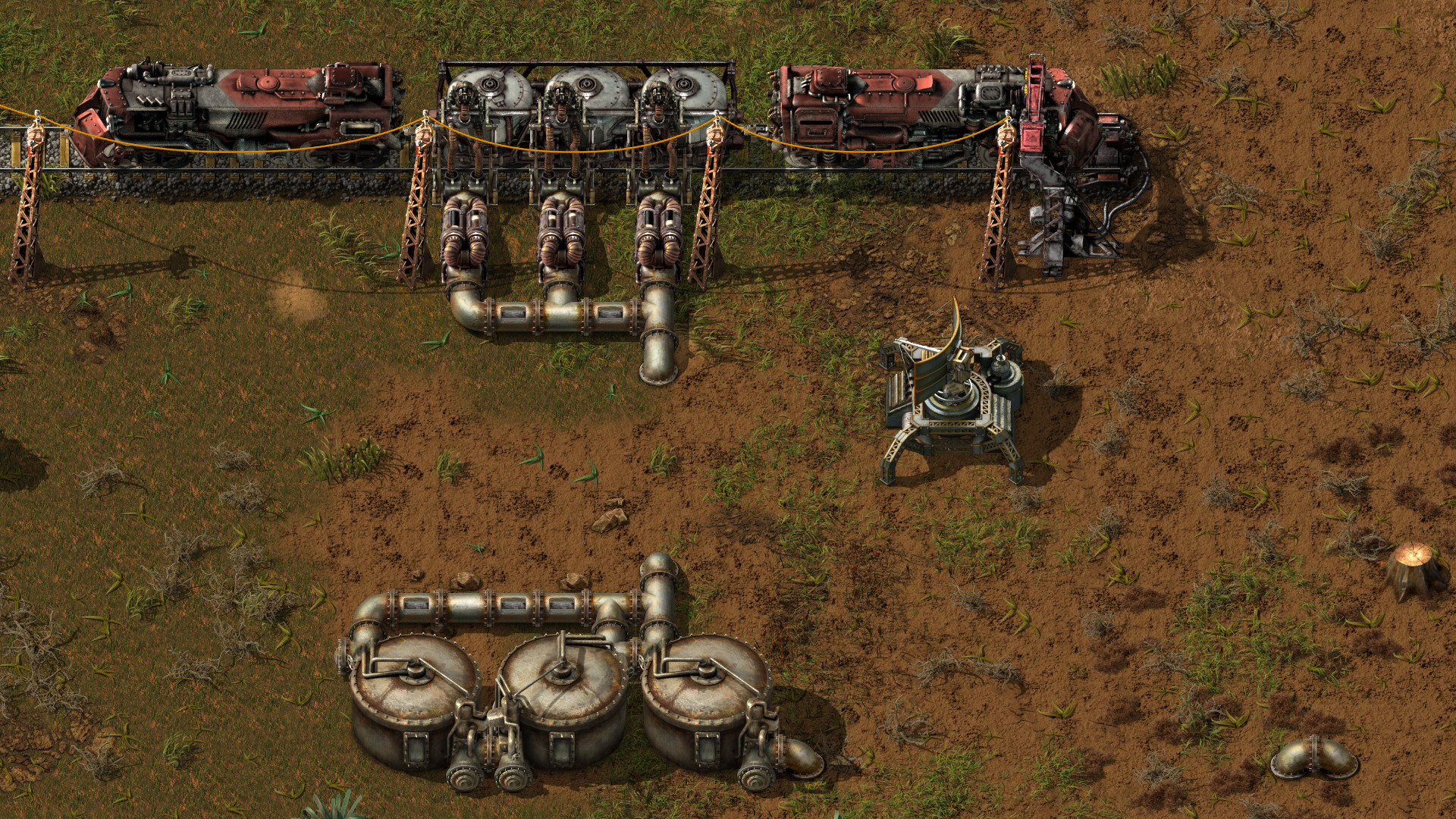 Factorio — Factorio industrial base featuring steam engines and pipe networks.