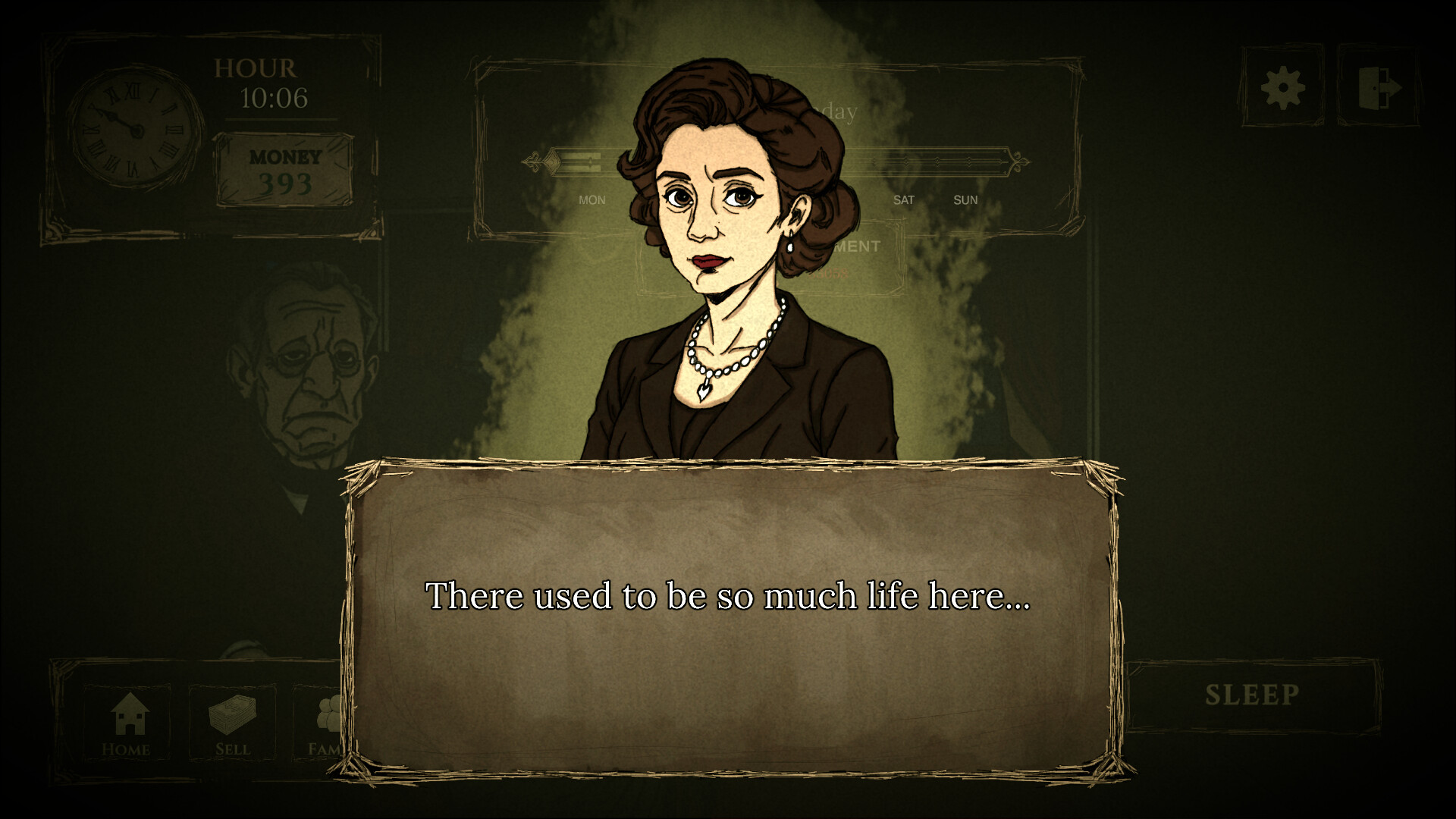 Debt of Life — A woman in a dark suit with pearl necklace speaks over a dialogue box reading 'There used to be so much life here...'. Game UI displays time, money, and navigation buttons.
