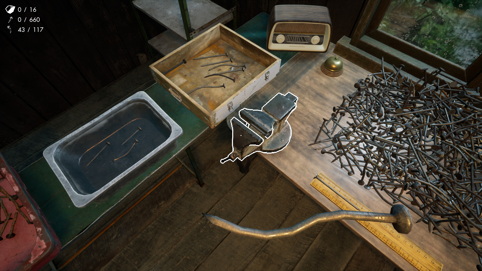 Screw IT — Workshop scene from Screw IT featuring a workbench with tools, nails, and a vintage radio.