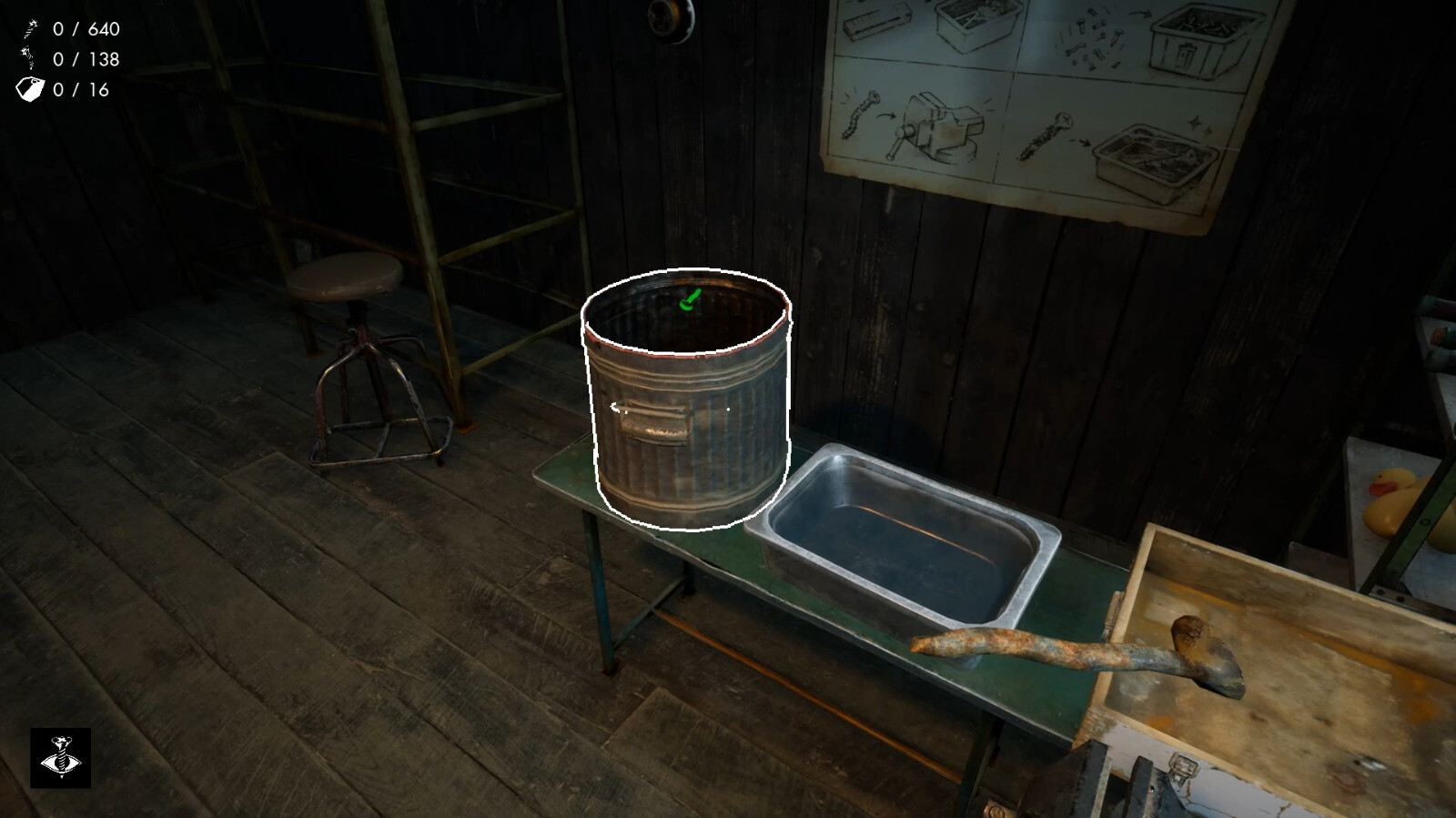 Screw IT — Game screenshot from Screw IT showing a workshop interior with a metal bucket, tray, and hammer on a workbench.