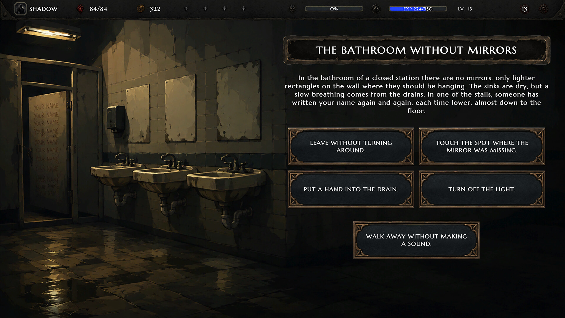 Noctiria — Game screenshot of a dark, dilapidated bathroom scene from Noctiria, featuring multiple sinks, a door with handwritten text, and an on-screen dialogue box with player options.