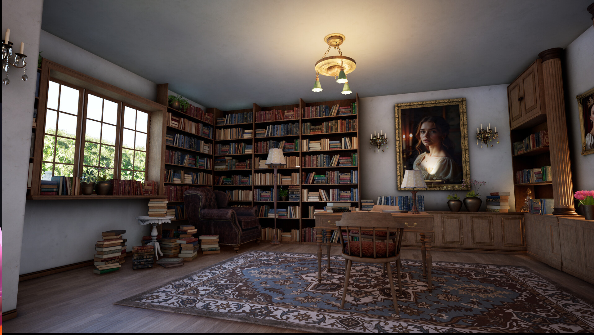 Tidy Tokens — Cozy study room with bookshelves, a desk, and framed portraits under warm lighting.
