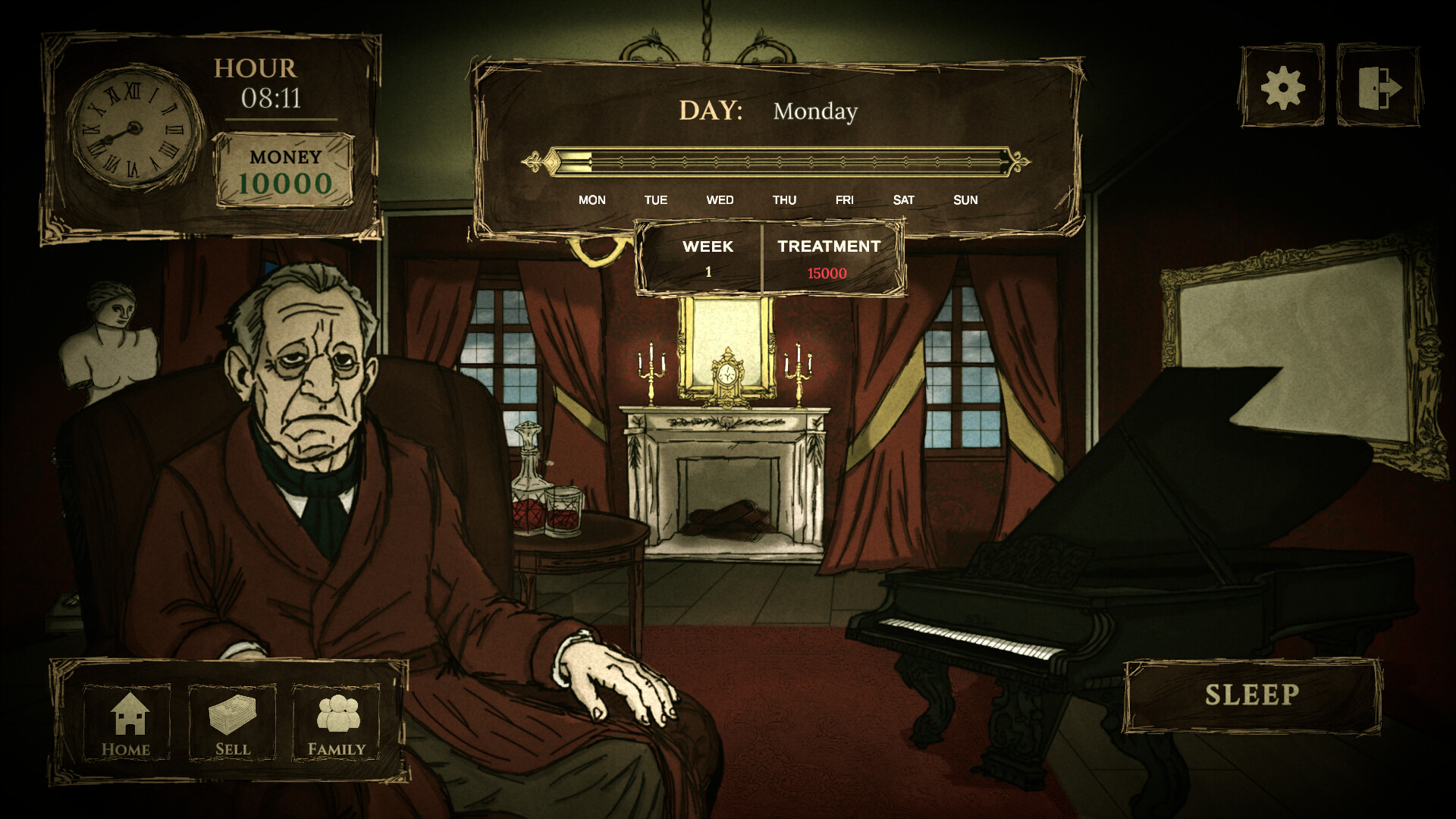 Debt of Life — Game screenshot from Debt of Life showing an elderly man in a dimly lit room with a fireplace and grand piano, surrounded by game UI displaying time, money, day, week, and action buttons.