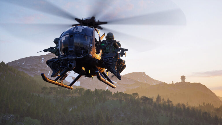 WARDOGS — Military helicopter carrying armed personnel flies over mountains and forests during sunrise.