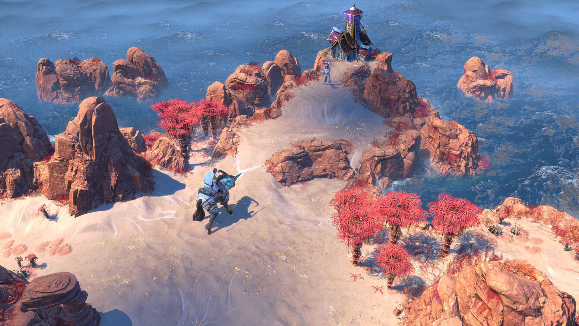 ENDLESS Legend™ 2 — Character riding a mount across an island landscape with red trees and rocky terrain, approaching a colorful building on a cliff edge over ocean waves.