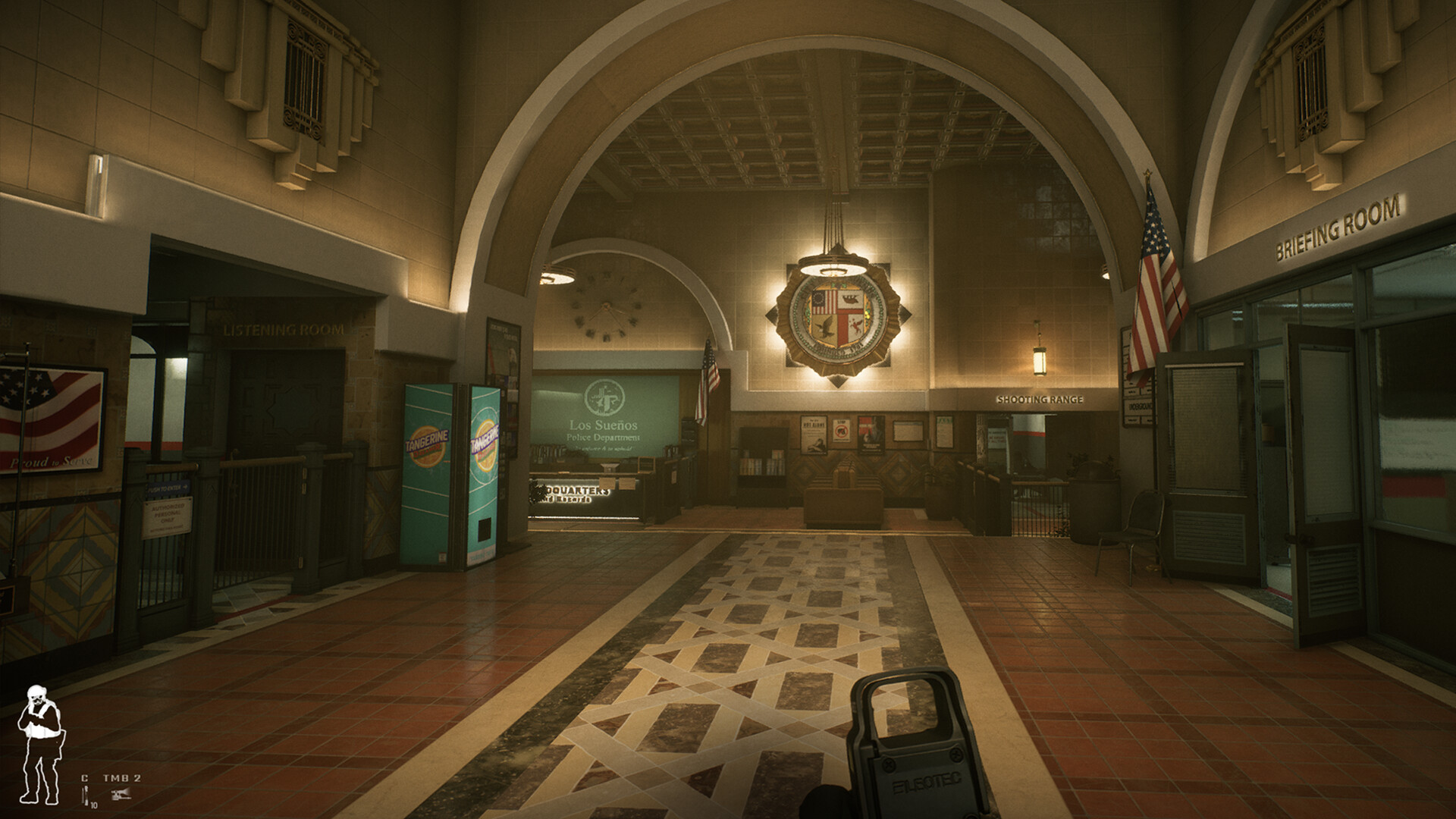 Ready or Not — Interior of Los Sueños Police Department lobby featuring arched architecture, tiled floor, and signage for various rooms. An American flag is displayed near the entrance to the Briefing Room.