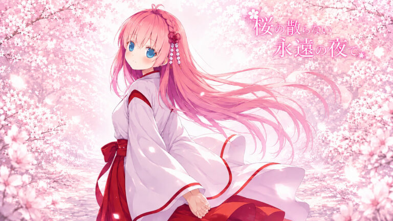 Sakura: The Eternal Night — A pink-haired anime girl in a white and red kimono stands among blooming cherry blossoms under a soft, glowing sky.