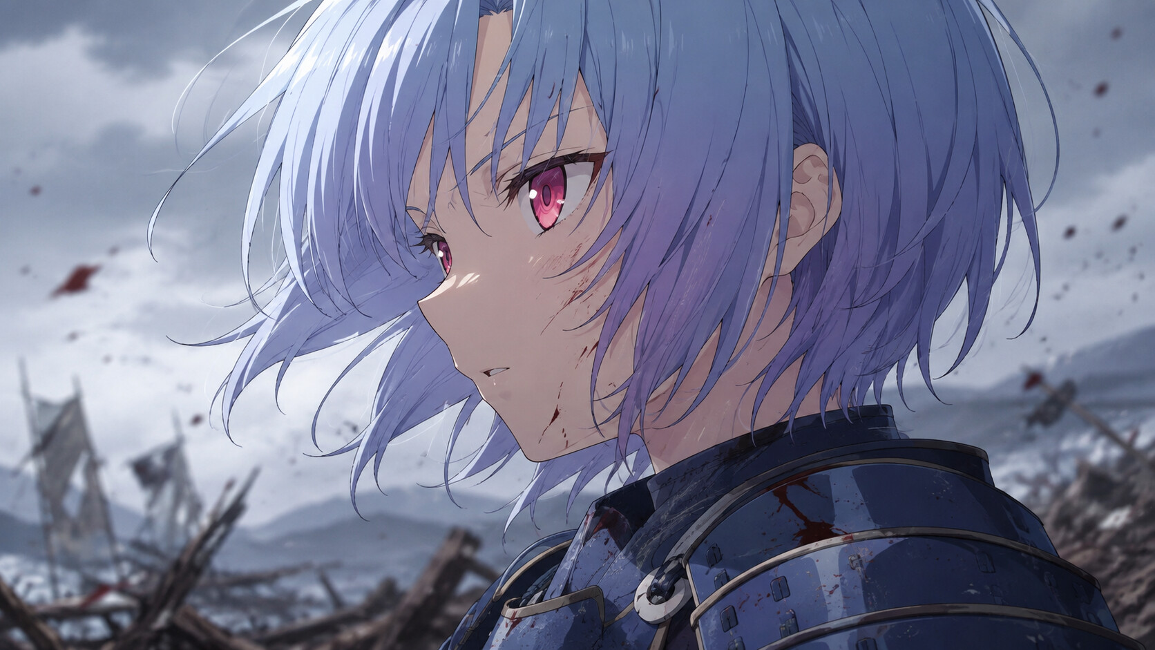 Sakura: The Eternal Night — Anime character with silver-blue hair and red eyes in battle-worn armor amidst a war-torn landscape.