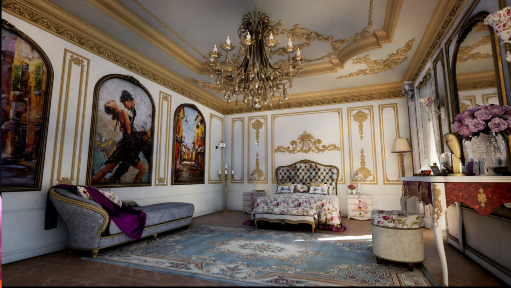 Tidy Tokens — Opulent bedroom featuring a tufted bed, ornate furniture, and large framed paintings depicting dancers and street scenes.