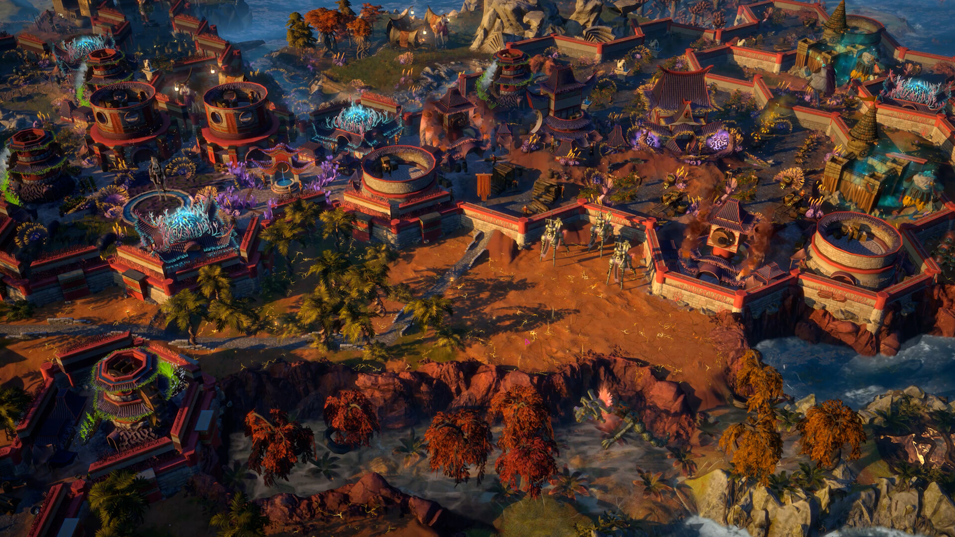 ENDLESS Legend™ 2 — A colorful fantasy settlement featuring traditional-style architecture, glowing magical pools, and palm trees surrounding a coastal area.
