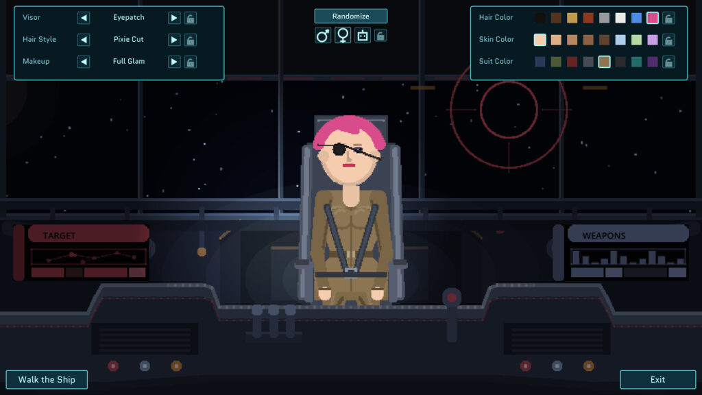 Character customization screen for a space pilot in a pixel-art game, featuring options for appearance and weapons within a cockpit interface.