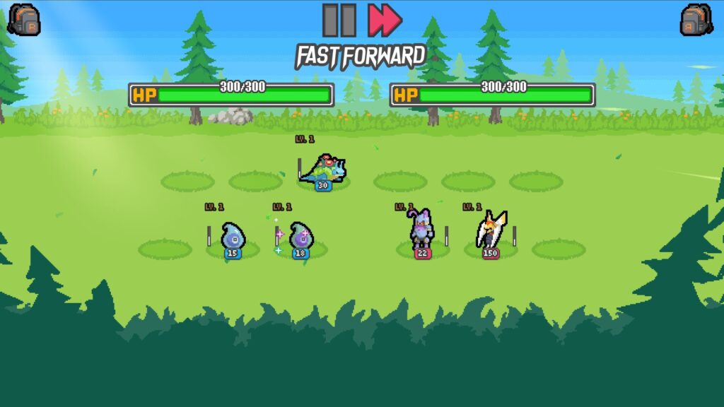Game screenshot showing a pixel-art battle between two teams in an open field with pine trees, featuring health bars and a fast-forward button.