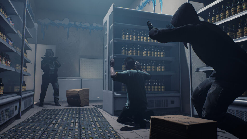 Ready or Not — Three characters in a supermarket setting; one is armed and standing, another kneels with hands up beside a fridge filled with bottles, and a third lunges toward the foreground.