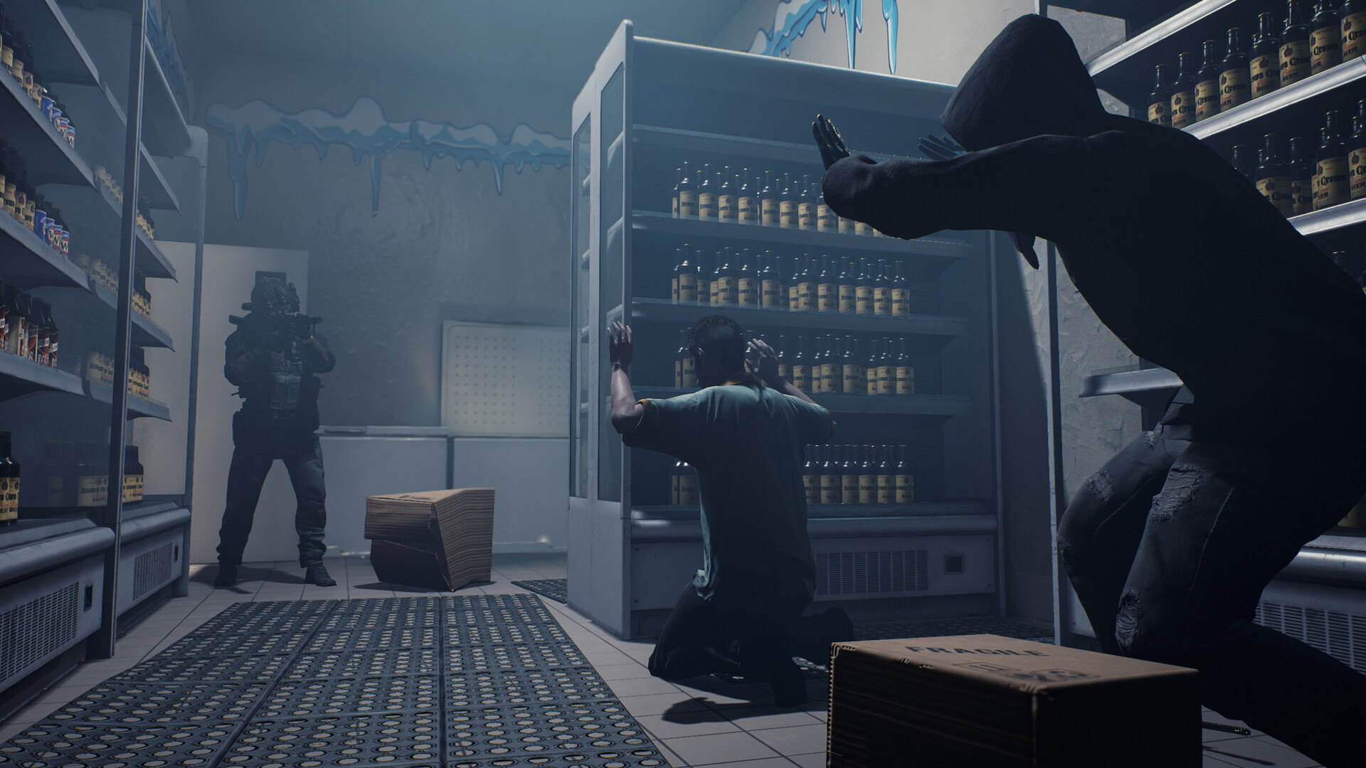 Ready or Not — Three characters in a supermarket setting; one is armed and standing, another kneels with hands up beside a fridge filled with bottles, and a third lunges toward the foreground.