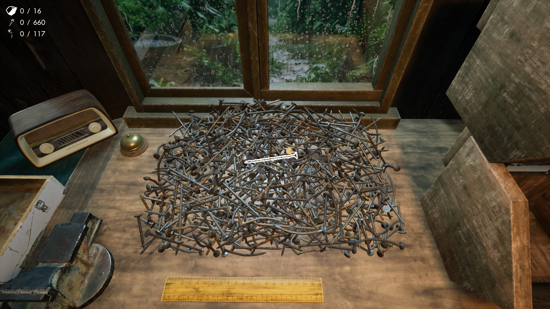 Screw IT — A pile of nails sits on a wooden table beside a vintage radio, a bell, and a ruler, with a rainy outdoor view through a window.
