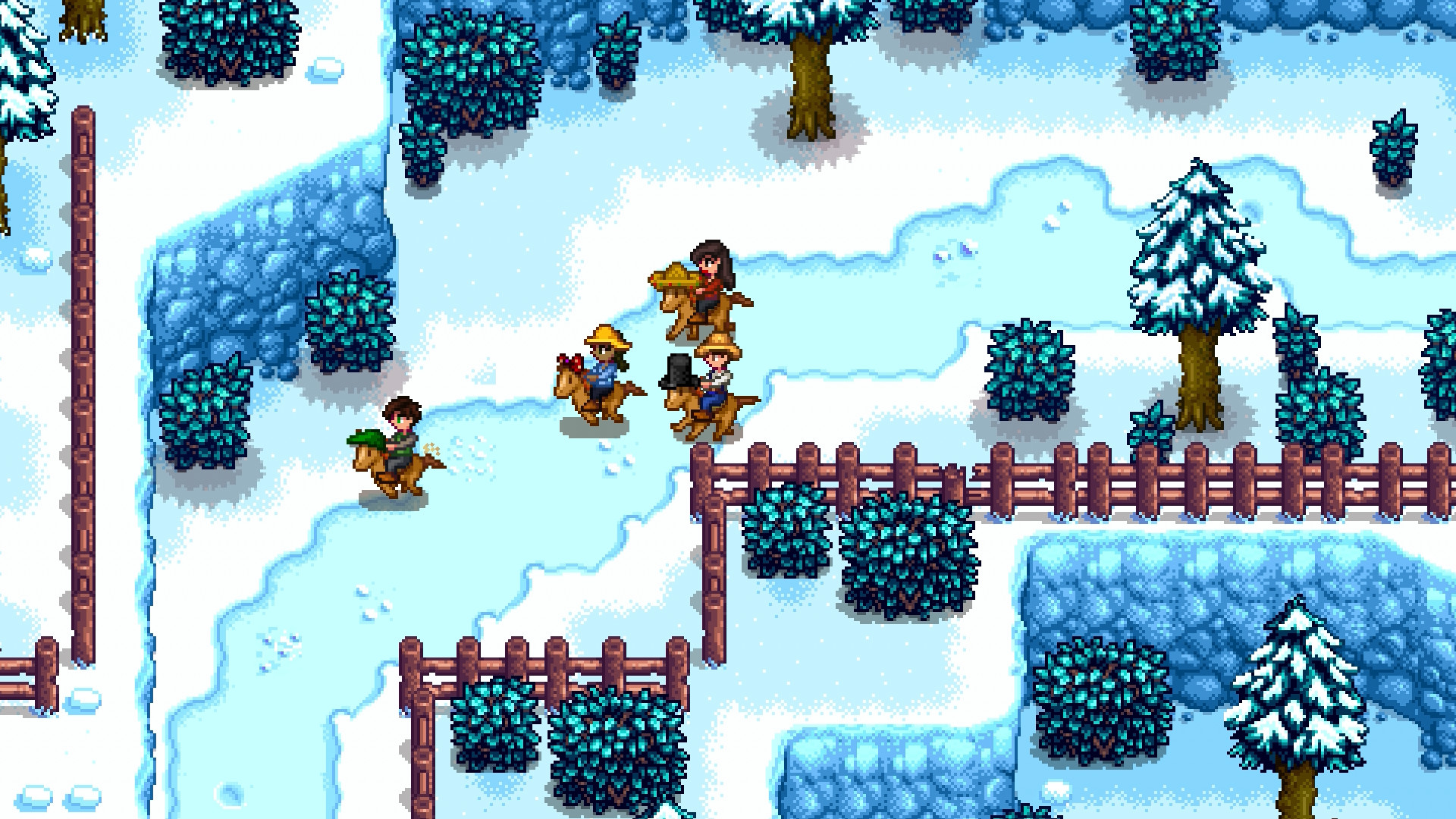 A snowy outdoor scene from Stardew Valley. Snow does not replace watering for crops that require it.