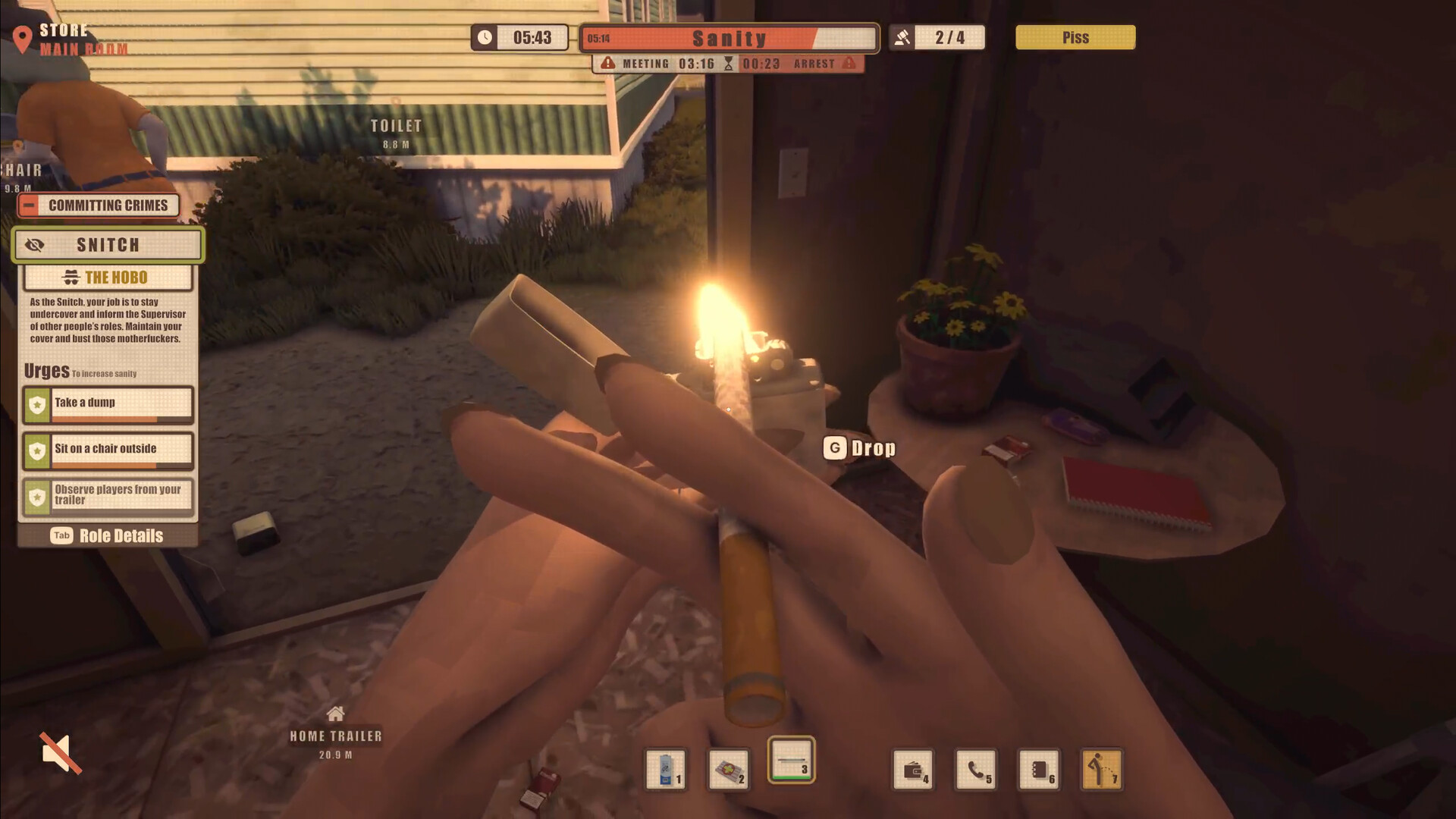 Dawson Oaks Trailer Park — Player holds a lit cigarette inside a trailer in Dawson Oaks Trailer Park, with game UI displaying role details and time.