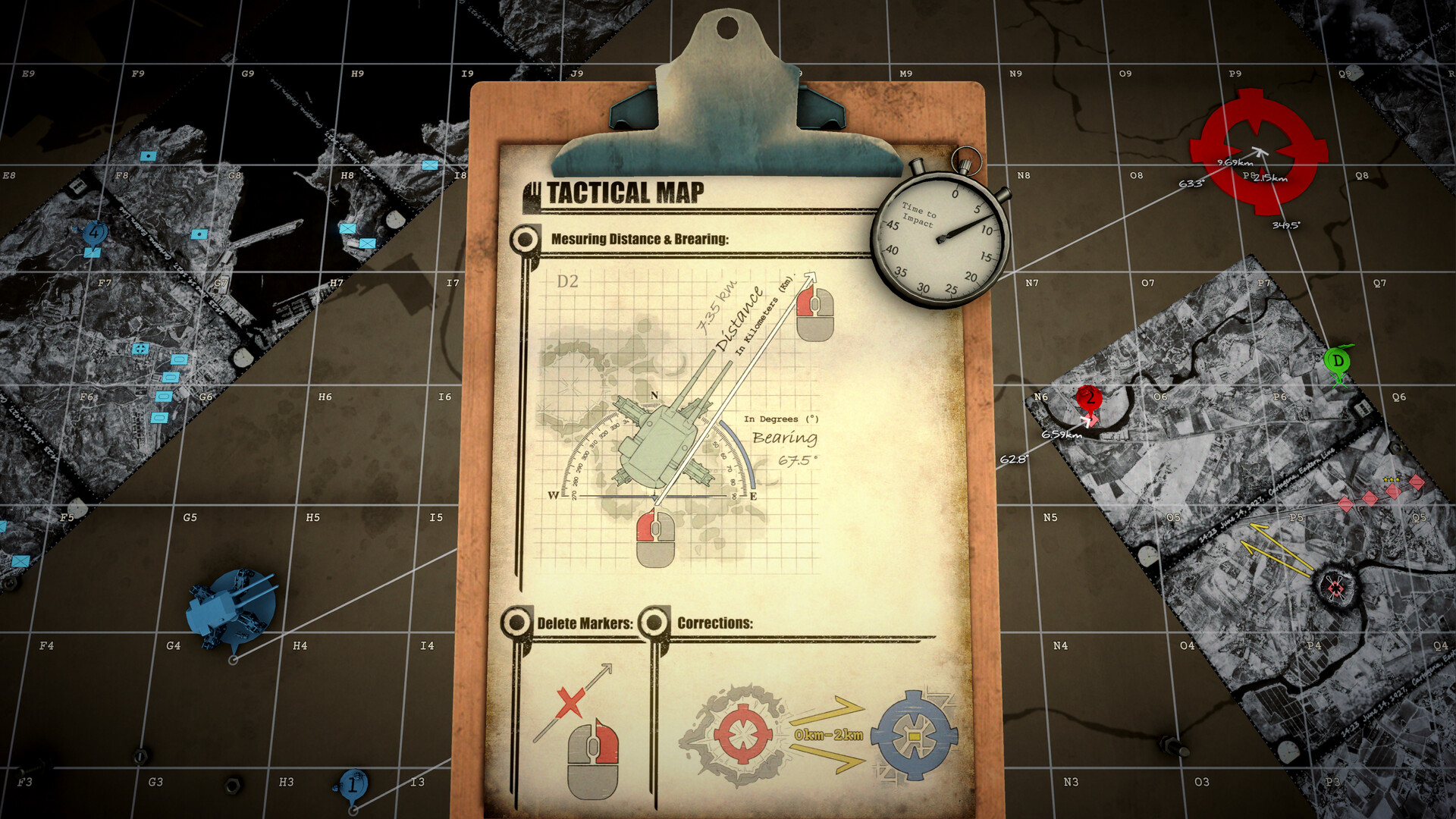 IRON NEST: Heavy Turret Simulator — Tactical map interface from IRON NEST: Heavy Turret Simulator, displaying distance measurements, bearing indicators, and marker deletion options.