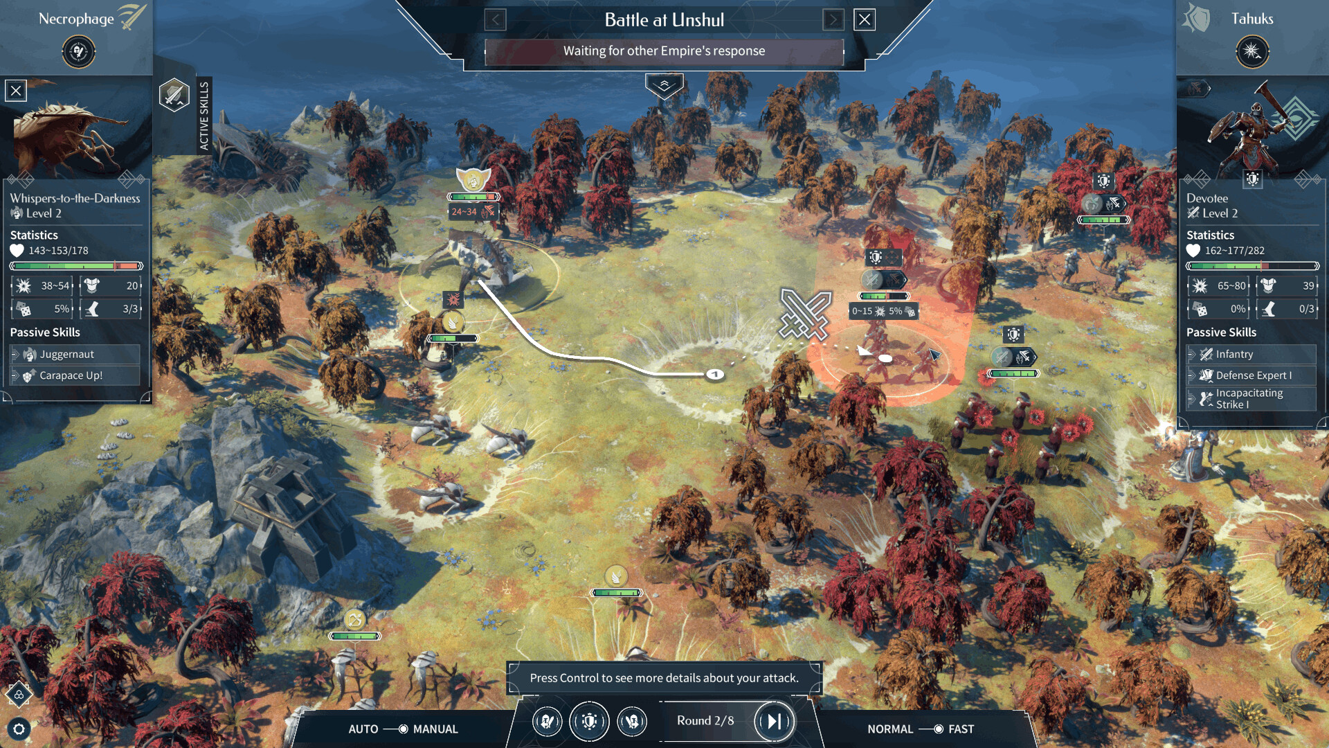 ENDLESS Legend™ 2 — Battle at Unshul: Two factions engage in a top-down tactical battle on a forested terrain, with unit stats and skill panels visible.