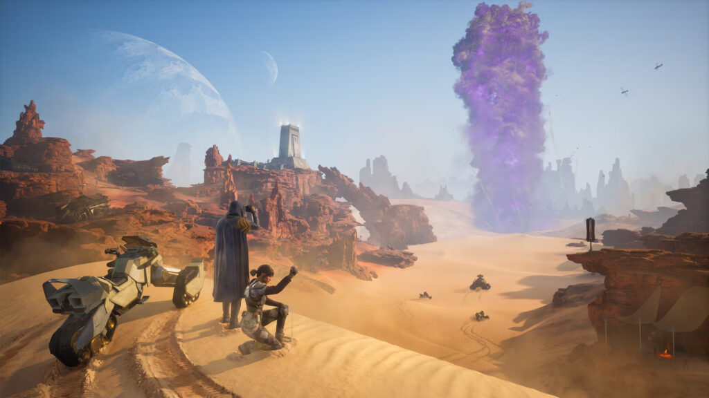 Dune: Awakening — Two characters stand near a vehicle in a desert landscape with distant ruins and a purple atmospheric event, under a planetary sky.